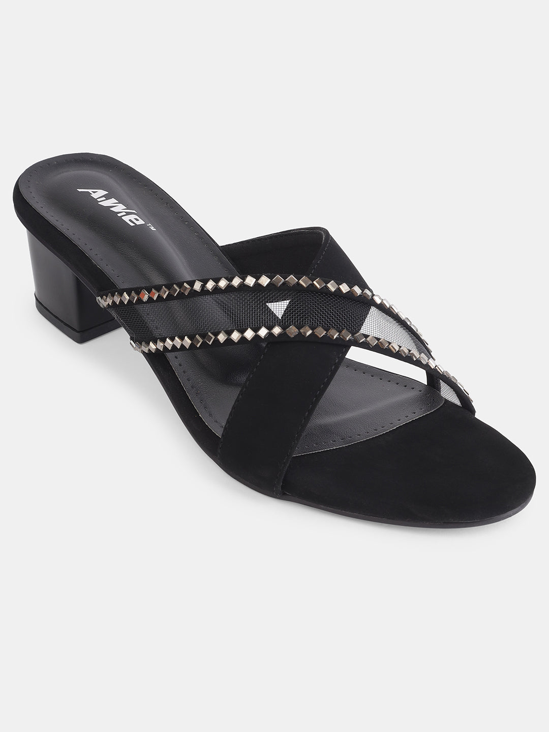 Aiwie Womens Stylish Slip-On Heeled Sandals with Cross Straps and Stud Detailing Ð Trendy Block Heel Footwear for Party & Casual Wear Heel Size : 1.5 Inches