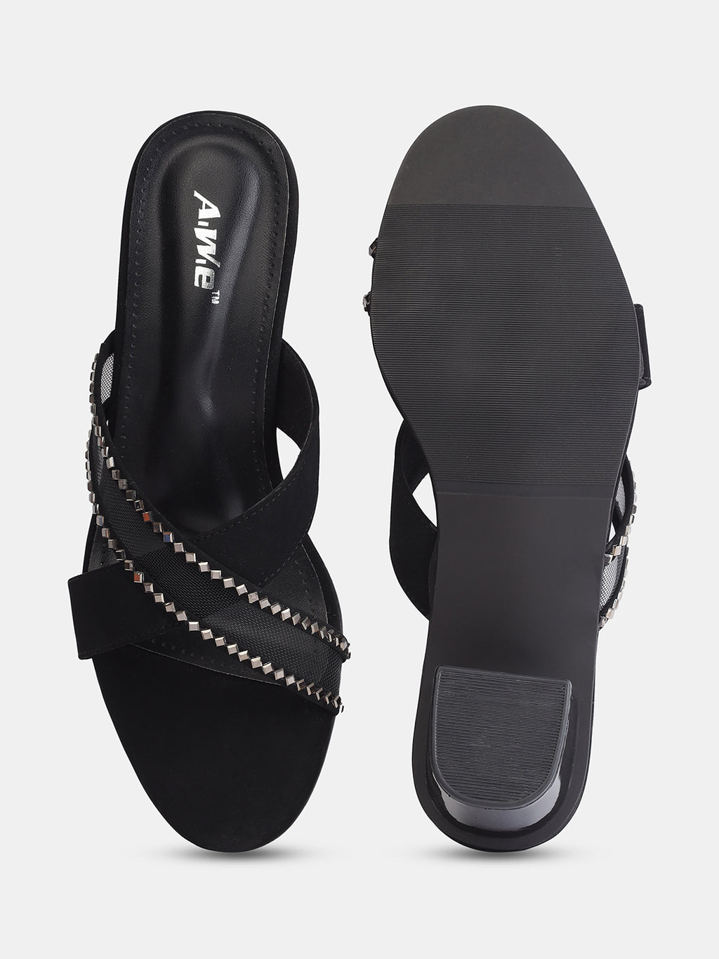 Aiwie Womens Stylish Slip-On Heeled Sandals with Cross Straps and Stud Detailing Ð Trendy Block Heel Footwear for Party & Casual Wear Heel Size : 1.5 Inches