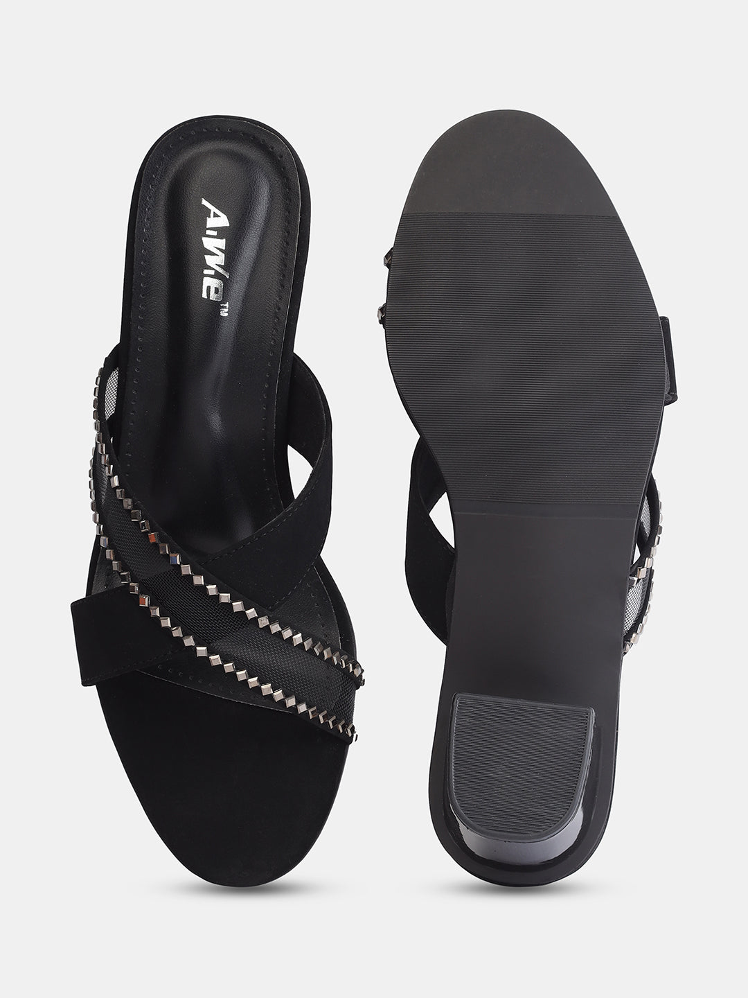 Aiwie Womens Stylish Slip-On Heeled Sandals with Cross Straps and Stud Detailing Ð Trendy Block Heel Footwear for Party & Casual Wear Heel Size : 1.5 Inches