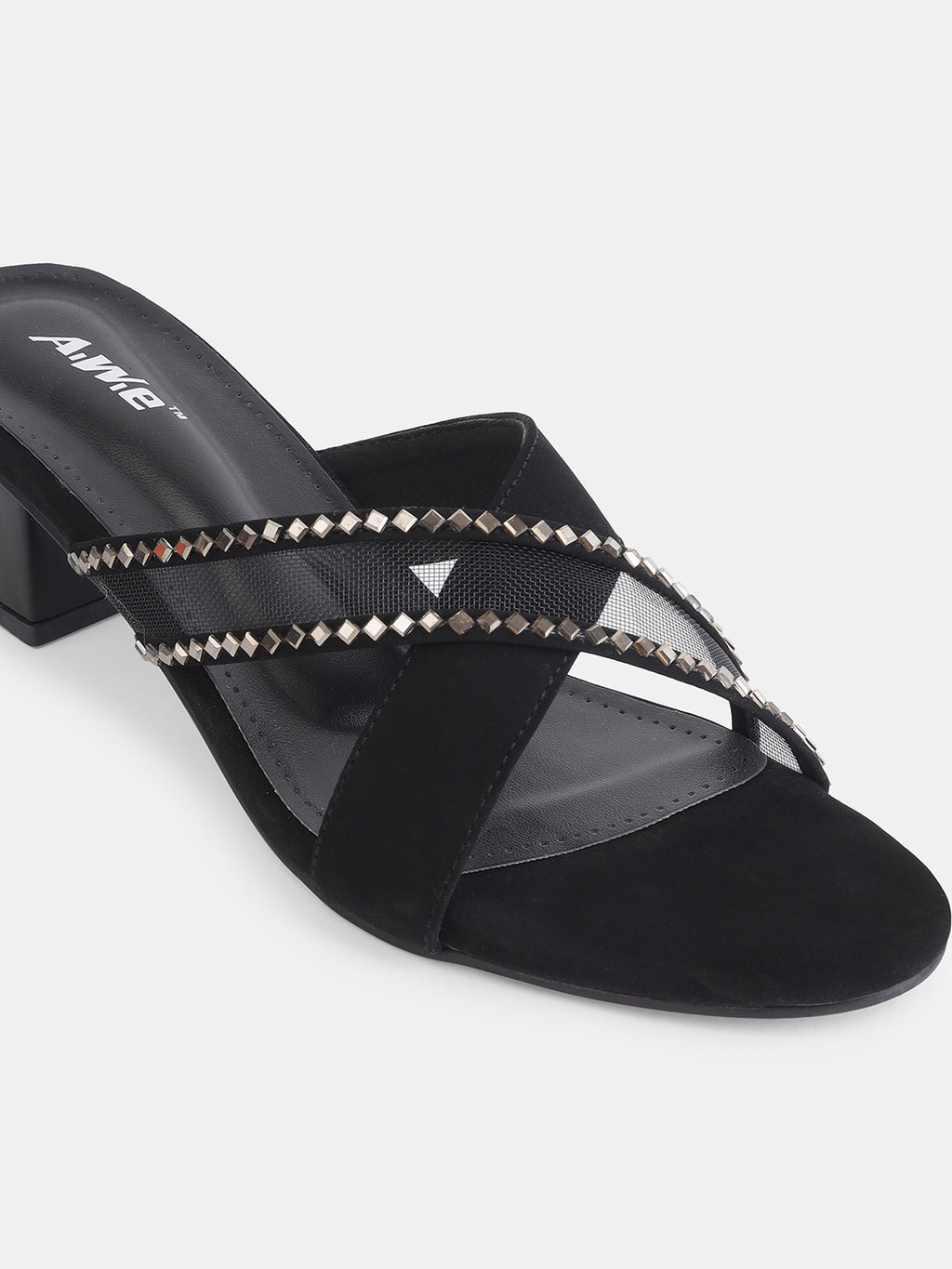 Aiwie Womens Stylish Slip-On Heeled Sandals with Cross Straps and Stud Detailing Ð Trendy Block Heel Footwear for Party & Casual Wear Heel Size : 1.5 Inches