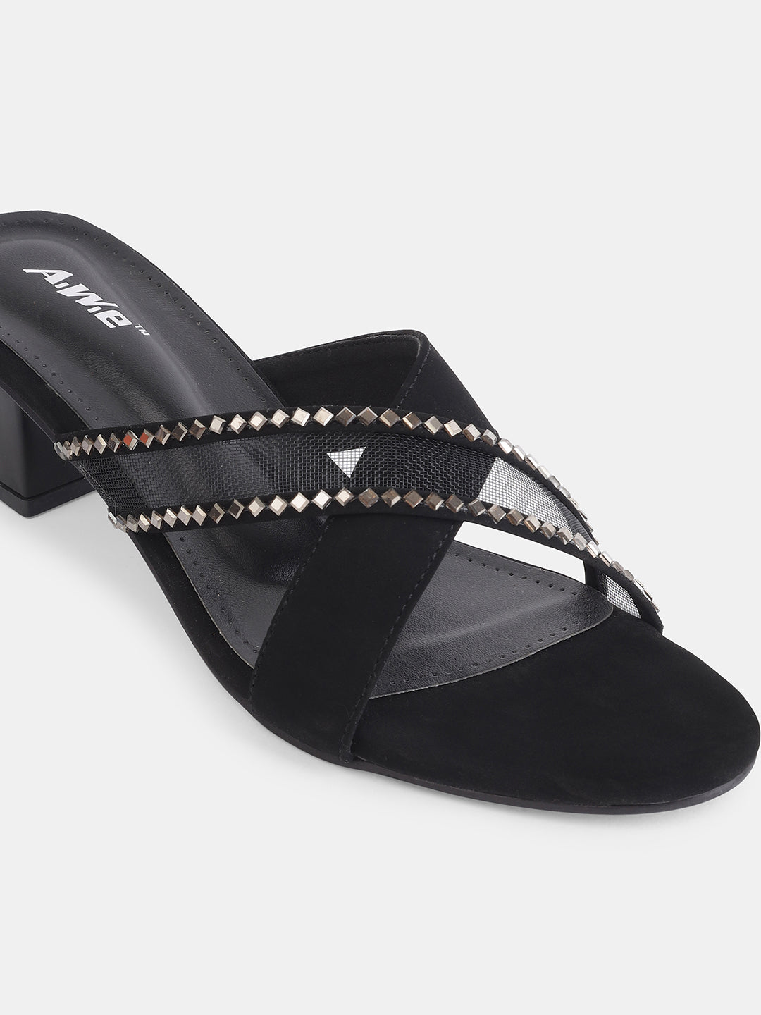 Aiwie Womens Stylish Slip-On Heeled Sandals with Cross Straps and Stud Detailing Ð Trendy Block Heel Footwear for Party & Casual Wear Heel Size : 1.5 Inches