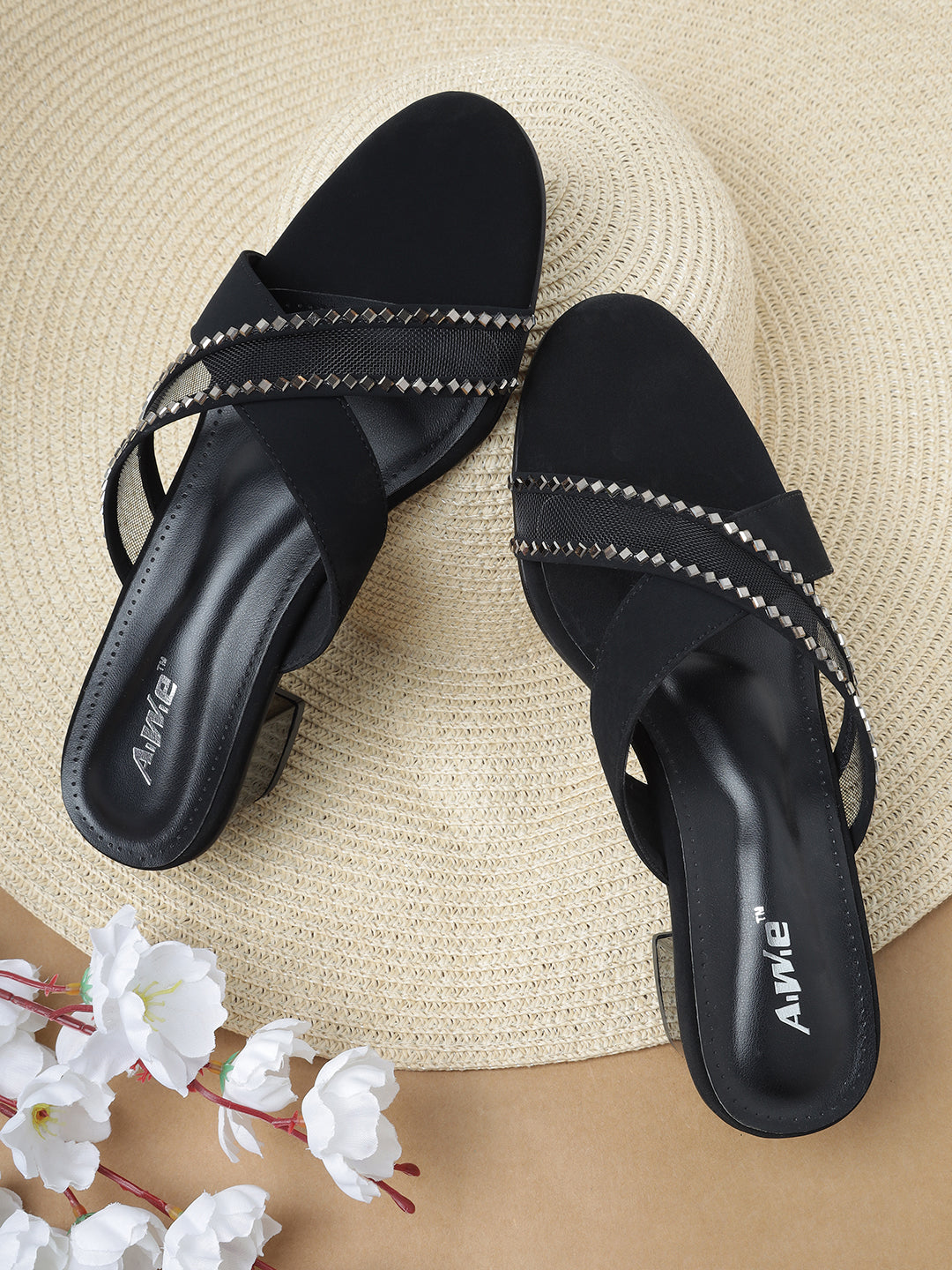 Aiwie Womens Stylish Slip-On Heeled Sandals with Cross Straps and Stud Detailing Ð Trendy Block Heel Footwear for Party & Casual Wear Heel Size : 1.5 Inches