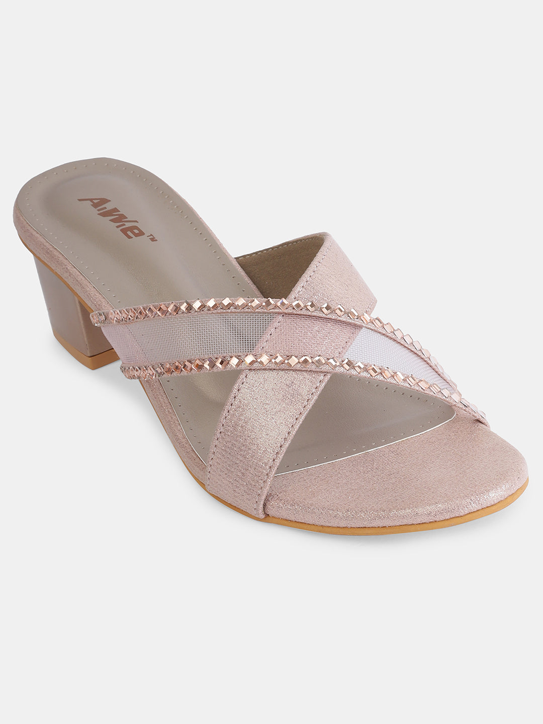 Aiwie Womens Stylish Slip-On Heeled Sandals with Cross Straps and Stud Detailing Ð Trendy Block Heel Footwear for Party & Casual Wear Heel Size : 1.5 Inches