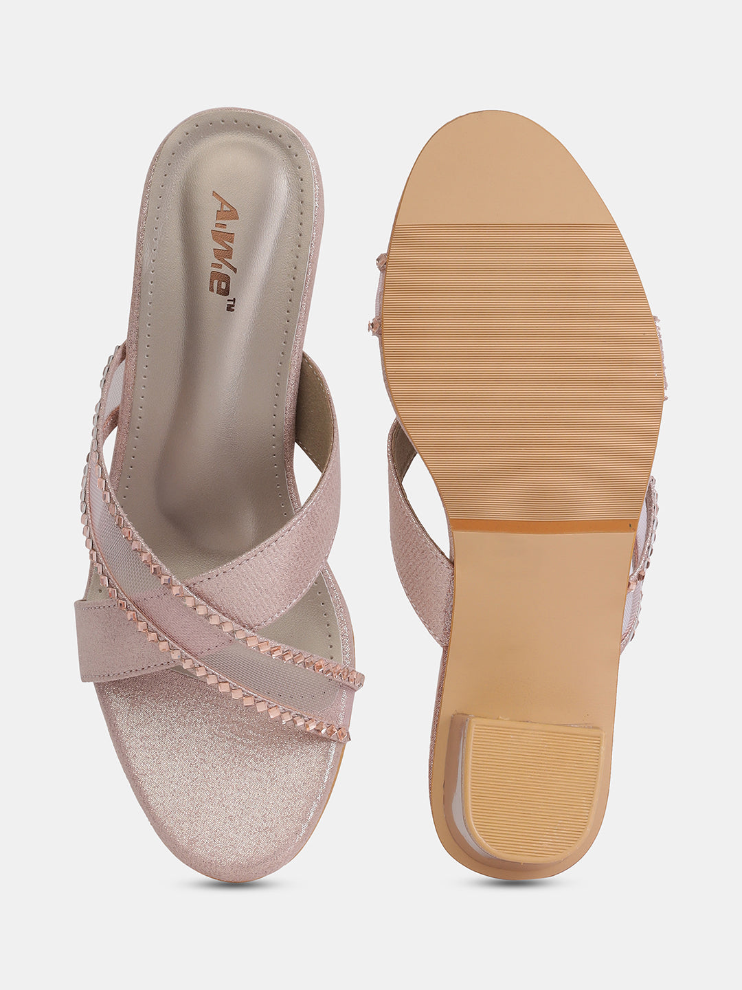Aiwie Womens Stylish Slip-On Heeled Sandals with Cross Straps and Stud Detailing Ð Trendy Block Heel Footwear for Party & Casual Wear Heel Size : 1.5 Inches