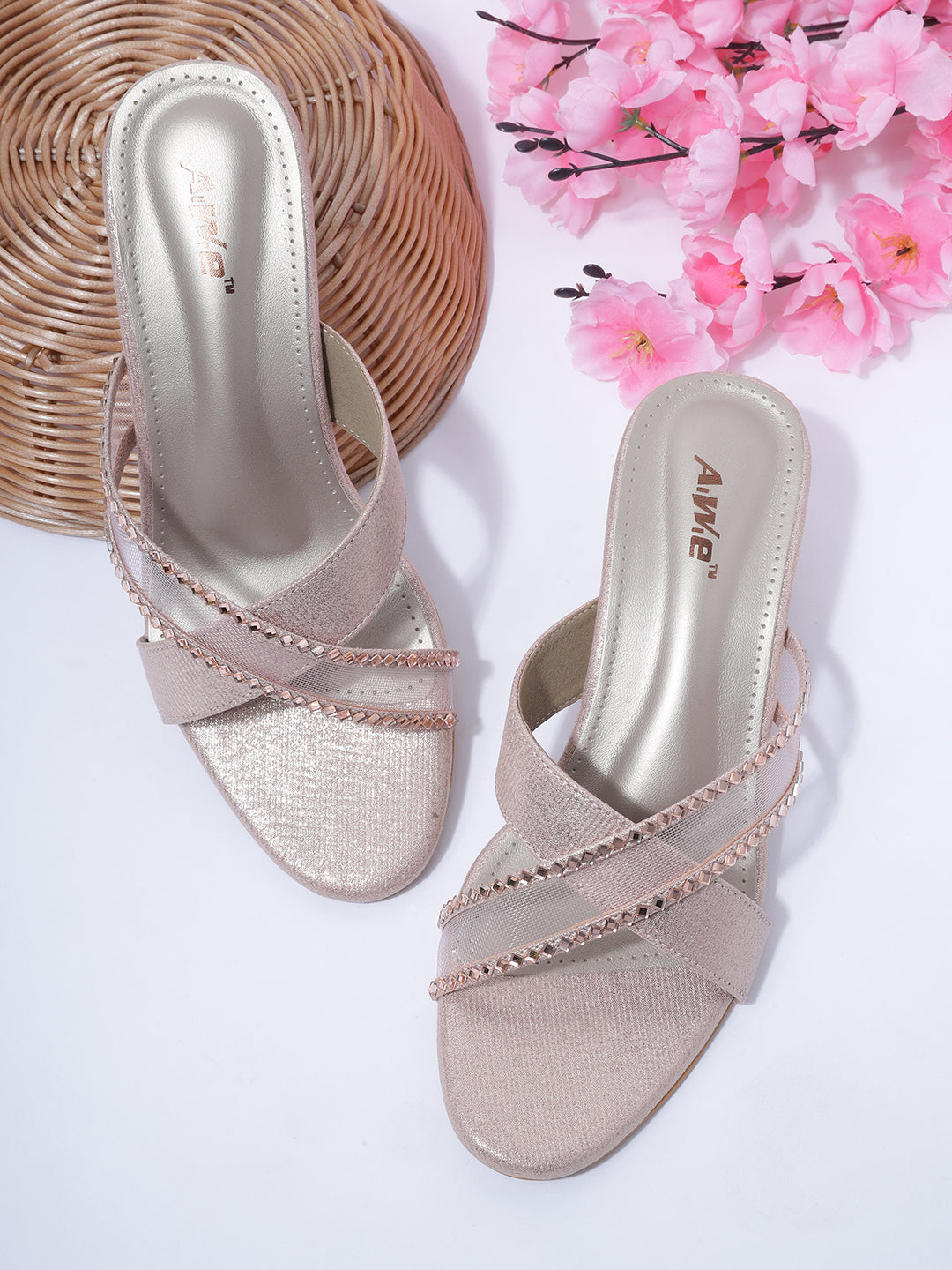 Aiwie Womens Stylish Slip-On Heeled Sandals with Cross Straps and Stud Detailing Ð Trendy Block Heel Footwear for Party & Casual Wear Heel Size : 1.5 Inches