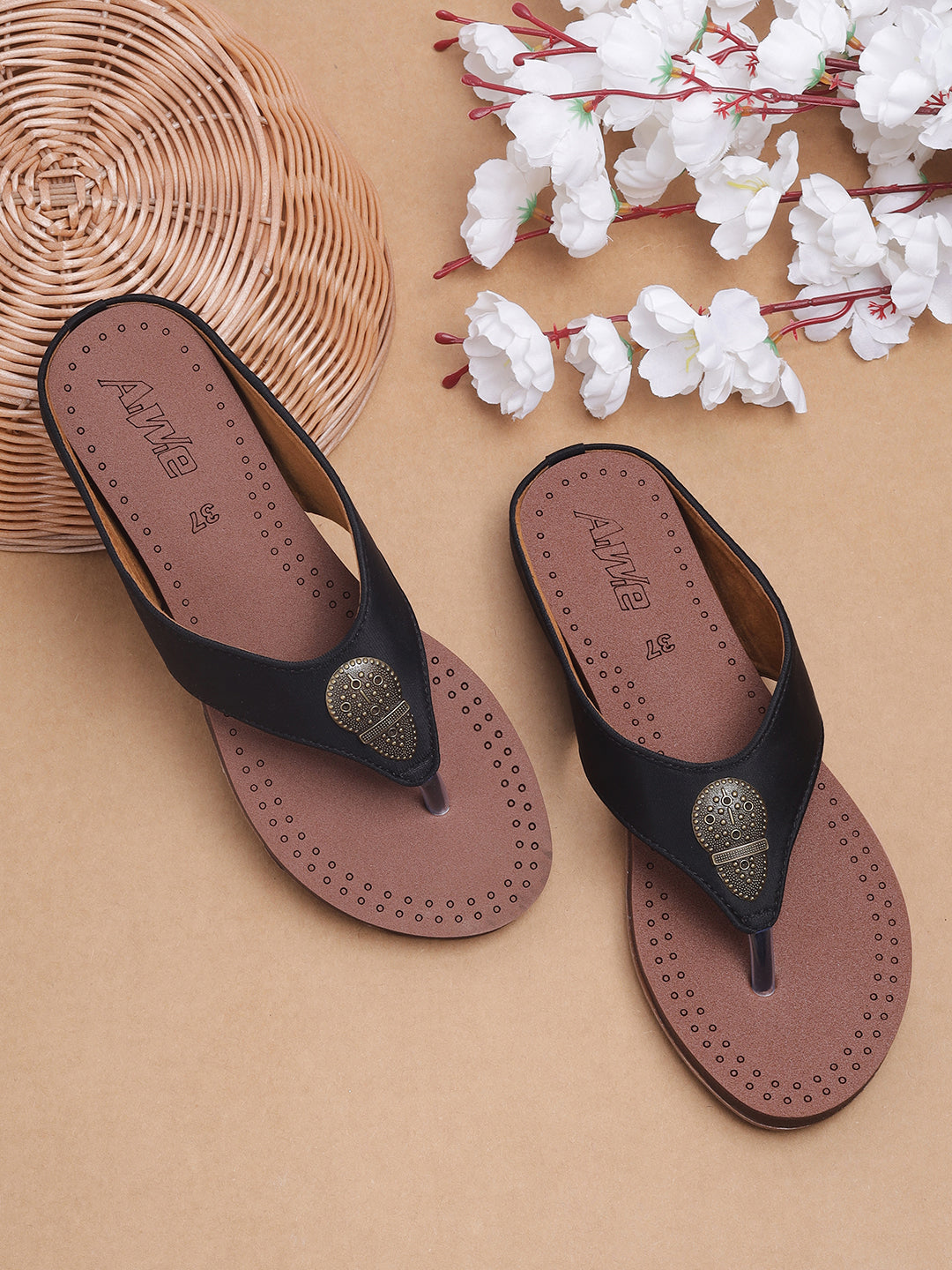 Womens Ethnic V-Strap Flat Sandals | Traditional Slip-On Footwear with Embellished Detail
