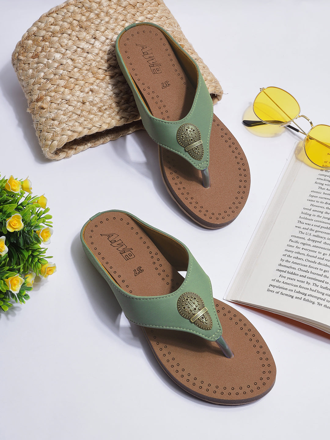 Womens Ethnic V-Strap Flat Sandals | Traditional Slip-On Footwear with Embellished Detail